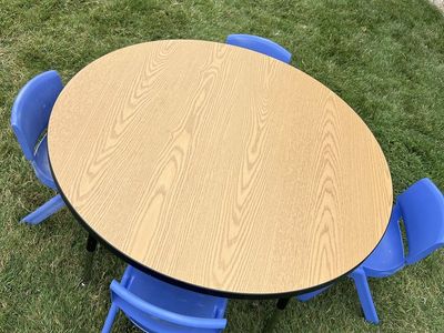 Round Kids Table & 4 Blue Chairs Set - Adjustable Height