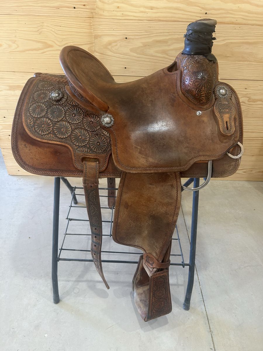 Burns Custom Saddlery 14in Rope Saddle - Lewis Tree, Floral Tooling, Used Excellent