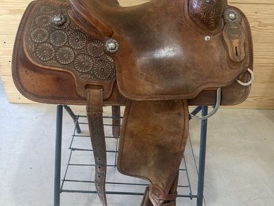 Burns Custom Saddlery 14in Rope Saddle - Lewis Tree, Floral Tooling, Used Excellent