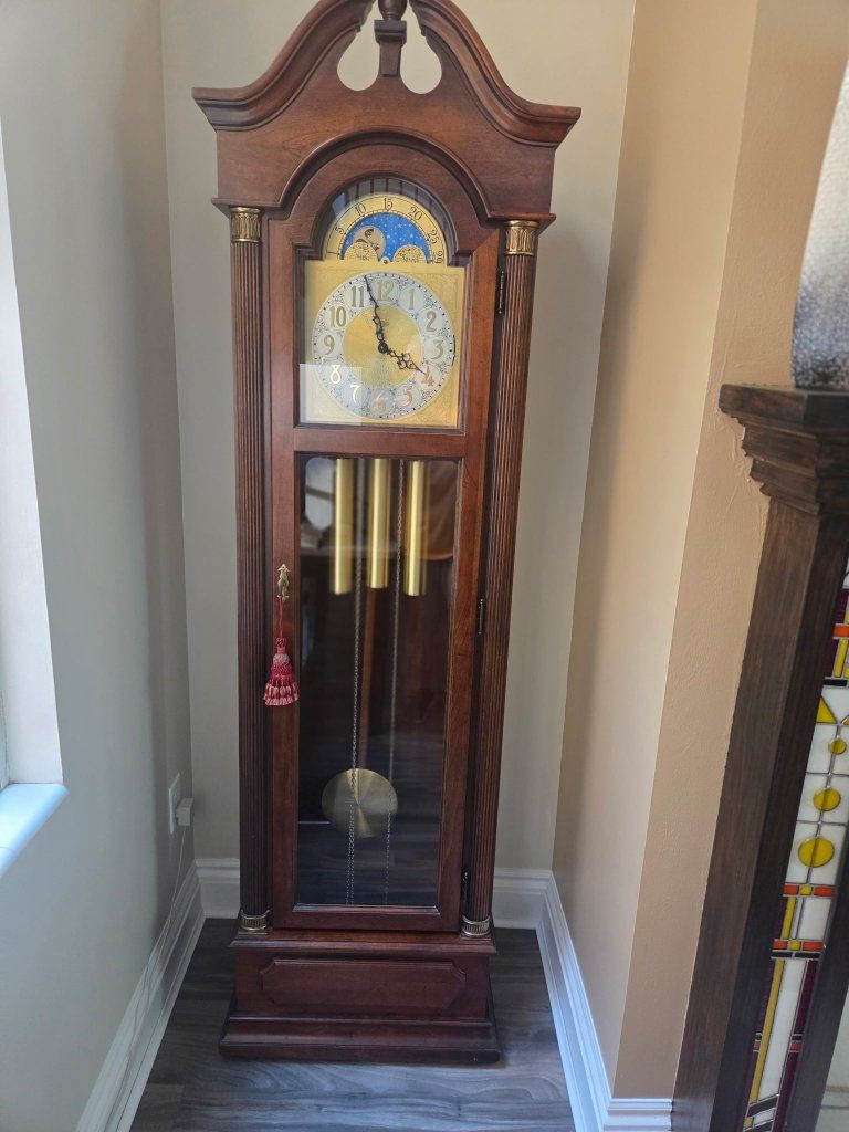 Traditional Wooden Grandfather Clock with Moon Dial and Brass Weights