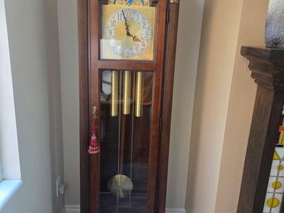 Traditional Wooden Grandfather Clock with Moon Dial and Brass Weights