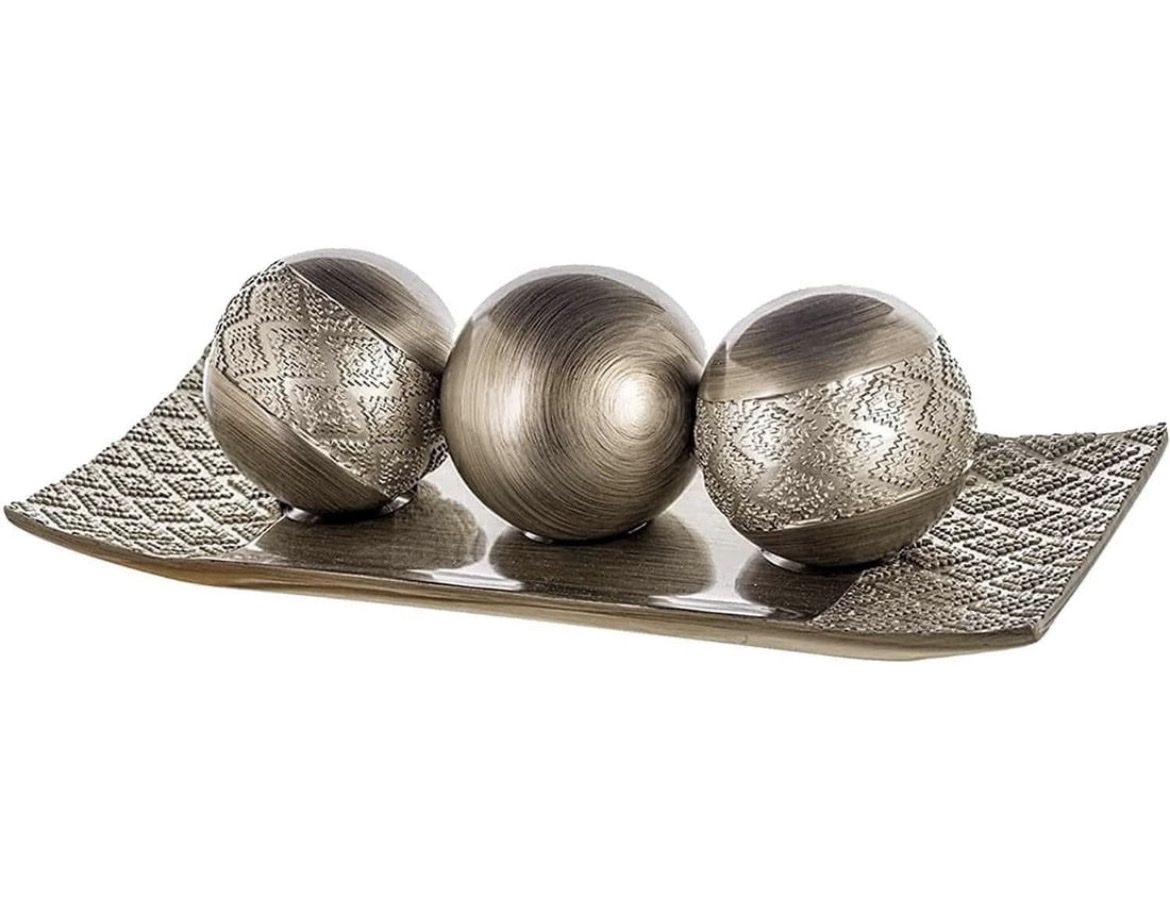 Decorative Silver Tray and Three Orb Balls Set
