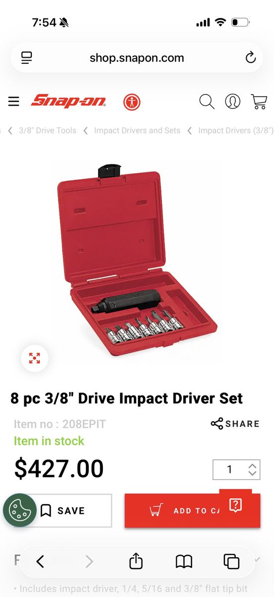 Snap-on  8 pc 3/8" Drive Impact Driver Set with Case