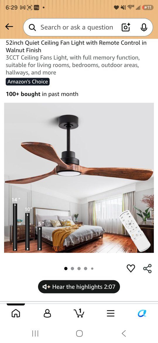 52-Inch Modern Ceiling Fan with LED Light & Remote Control - Walnut/Black Finish