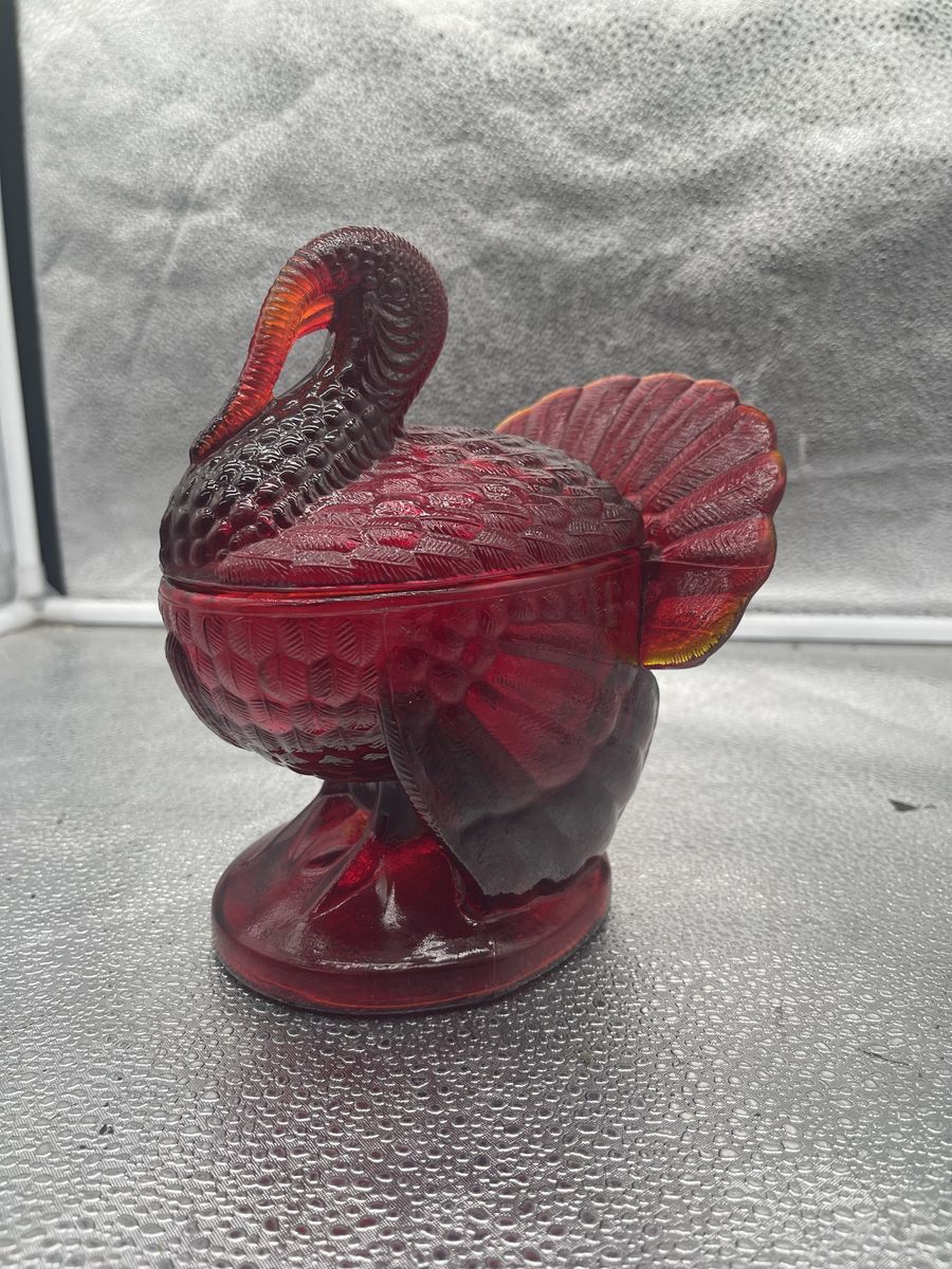Vintage Red Glass Turkey Candy Dish with Lid - Thanksgiving Decor nesting hen