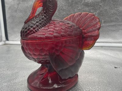 Vintage Red Glass Turkey Candy Dish with Lid - Thanksgiving Decor nesting hen