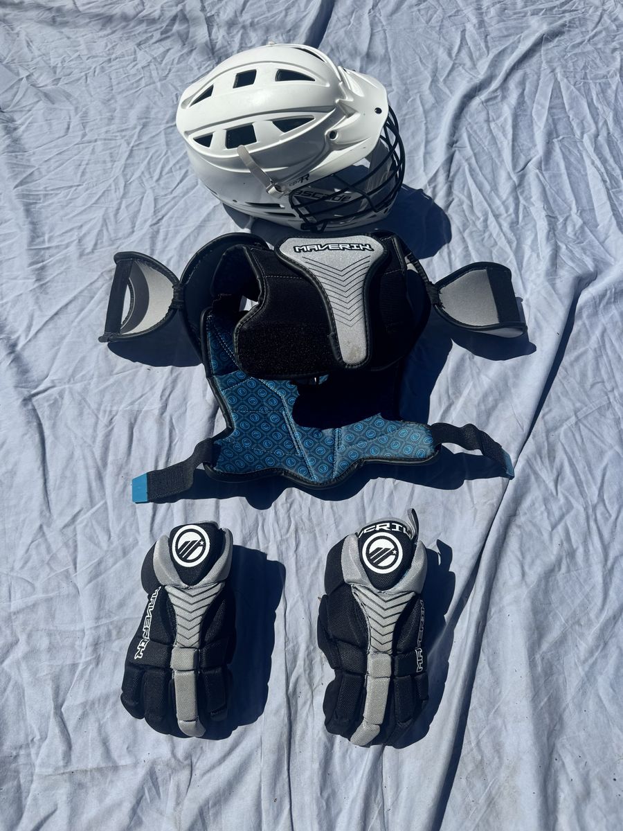 Maverik Lacrosse Protective Gear Set: Helmet, Shoulder Pads, Gloves - White, Black, Blue, Grey - $50