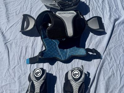 Maverik Lacrosse Protective Gear Set: Helmet, Shoulder Pads, Gloves - White, Black, Blue, Grey - $50