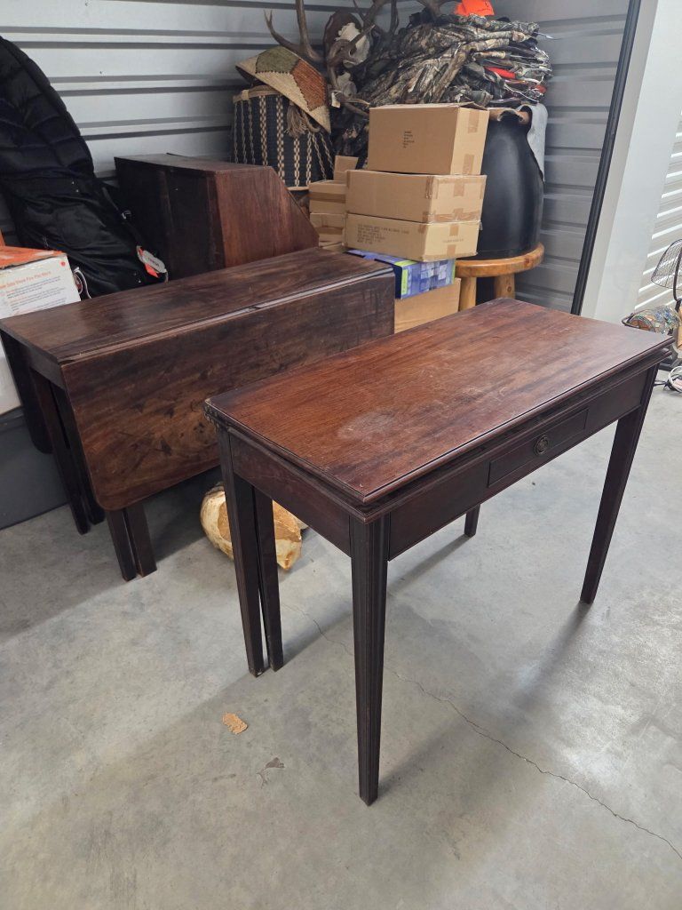Vintage Dark Wood Console Table with Drawer & Drop Leaf Table Set