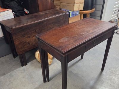 Vintage Dark Wood Console Table with Drawer & Drop Leaf Table Set