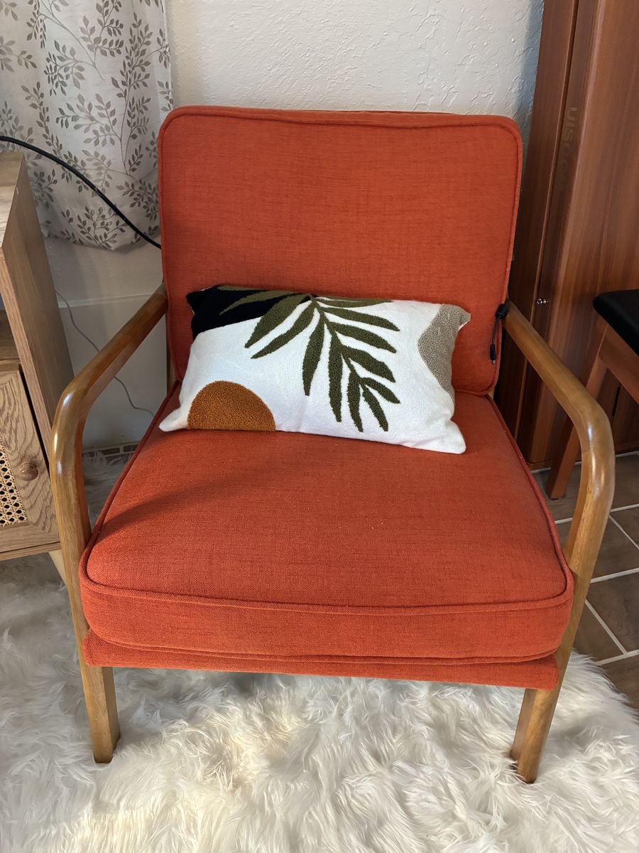 Mid-Century Modern Orange Upholstered Accent Chair with Wooden Frame