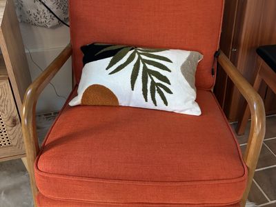 Mid-Century Modern Orange Upholstered Accent Chair with Wooden Frame