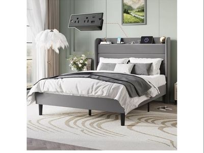 SHA CERLIN Full Size Velvet Upholstered Platform Bed Frame w/ Charging Station & Storage Headboard, Grey