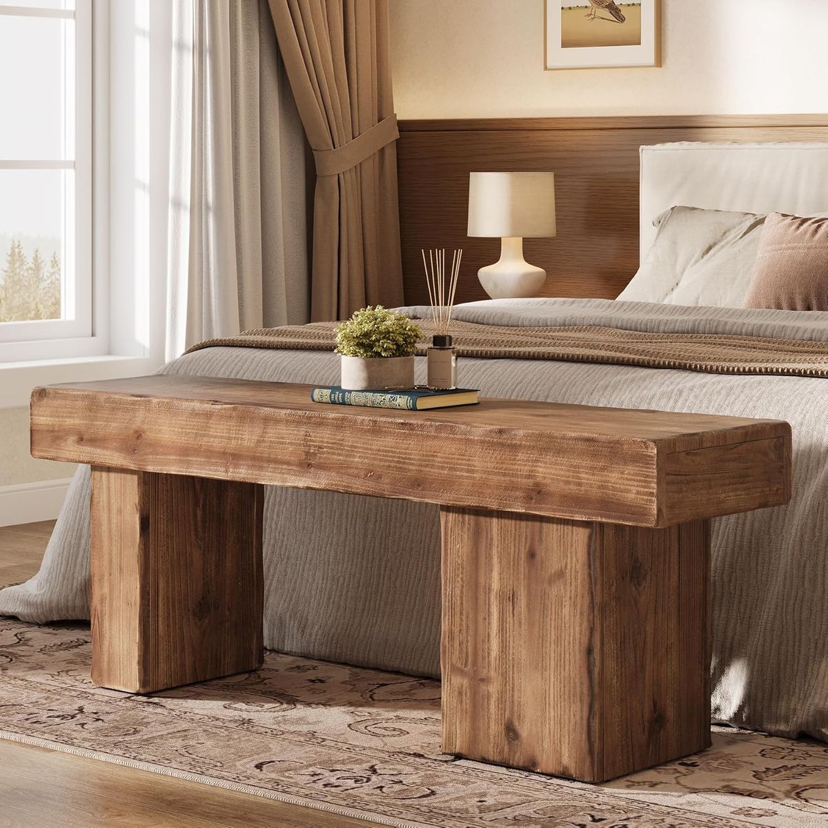 Solid Wood 47" Rustic Farmhouse Entryway Bench with Artistic Legs, Heavy Duty for Kitchen, Living Room, Hallway, End of Bed.
