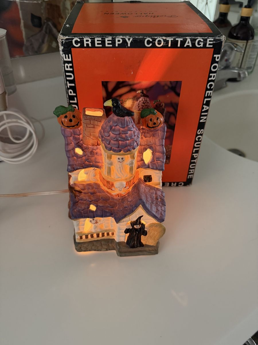 Creepy Cottage Porcelain Sculpture Halloween Lighted House with Box