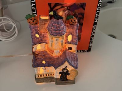 Creepy Cottage Porcelain Sculpture Halloween Lighted House with Box