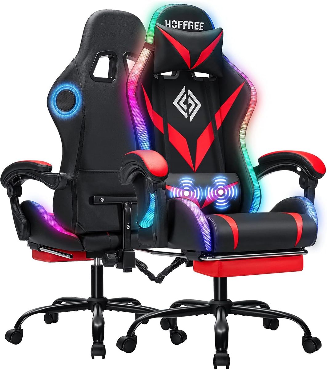Gaming Chair w/ Speakers, LED Lights, lumbar massage pillow