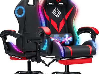Gaming Chair w/ Speakers, LED Lights, lumbar massage pillow