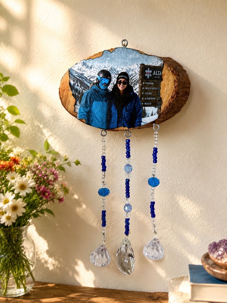 CUSTOM photo, Handcrafted Wooden Suncatcher Wall Decor with Beaded Crystals and Photo