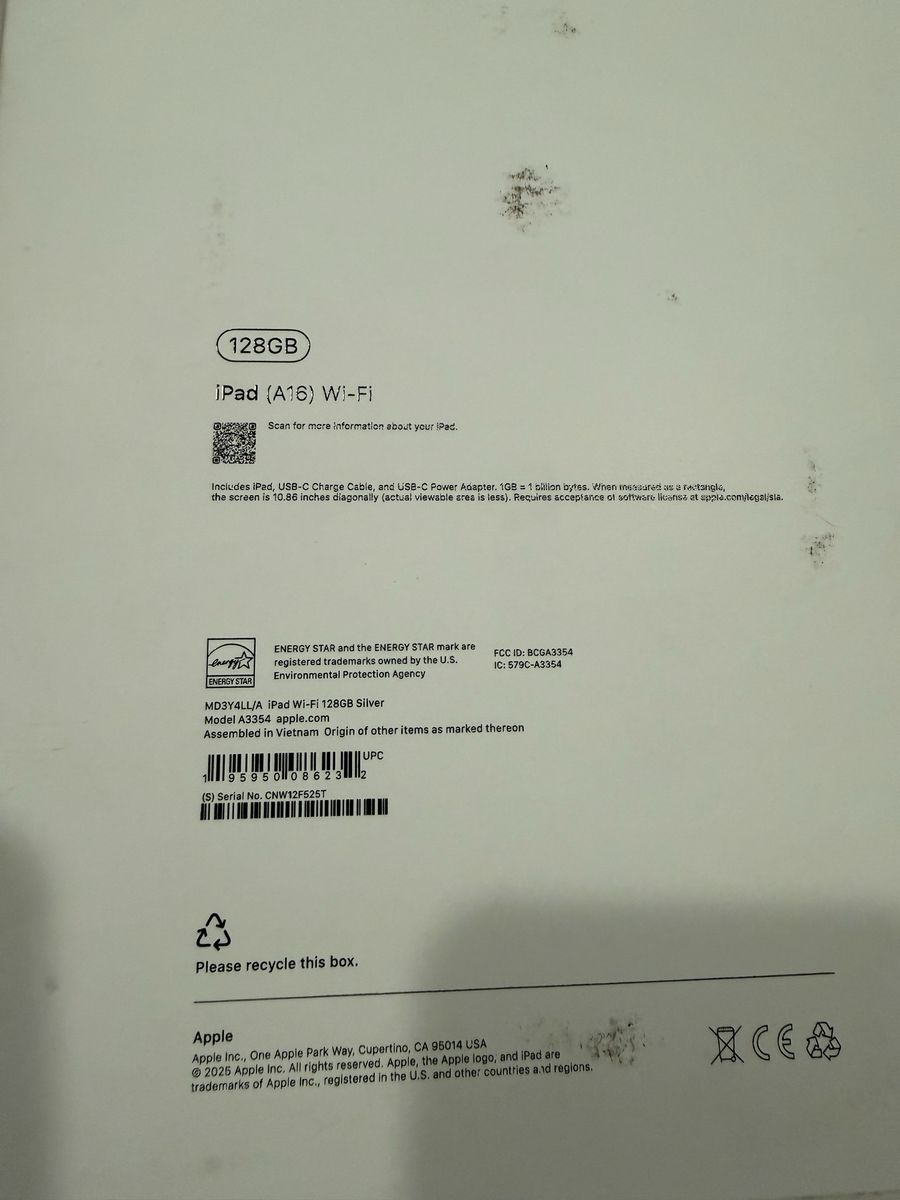 Brand new Apple iPad (A16) 10.9" Wi-Fi 128GB Silver (Model A3354) with Box