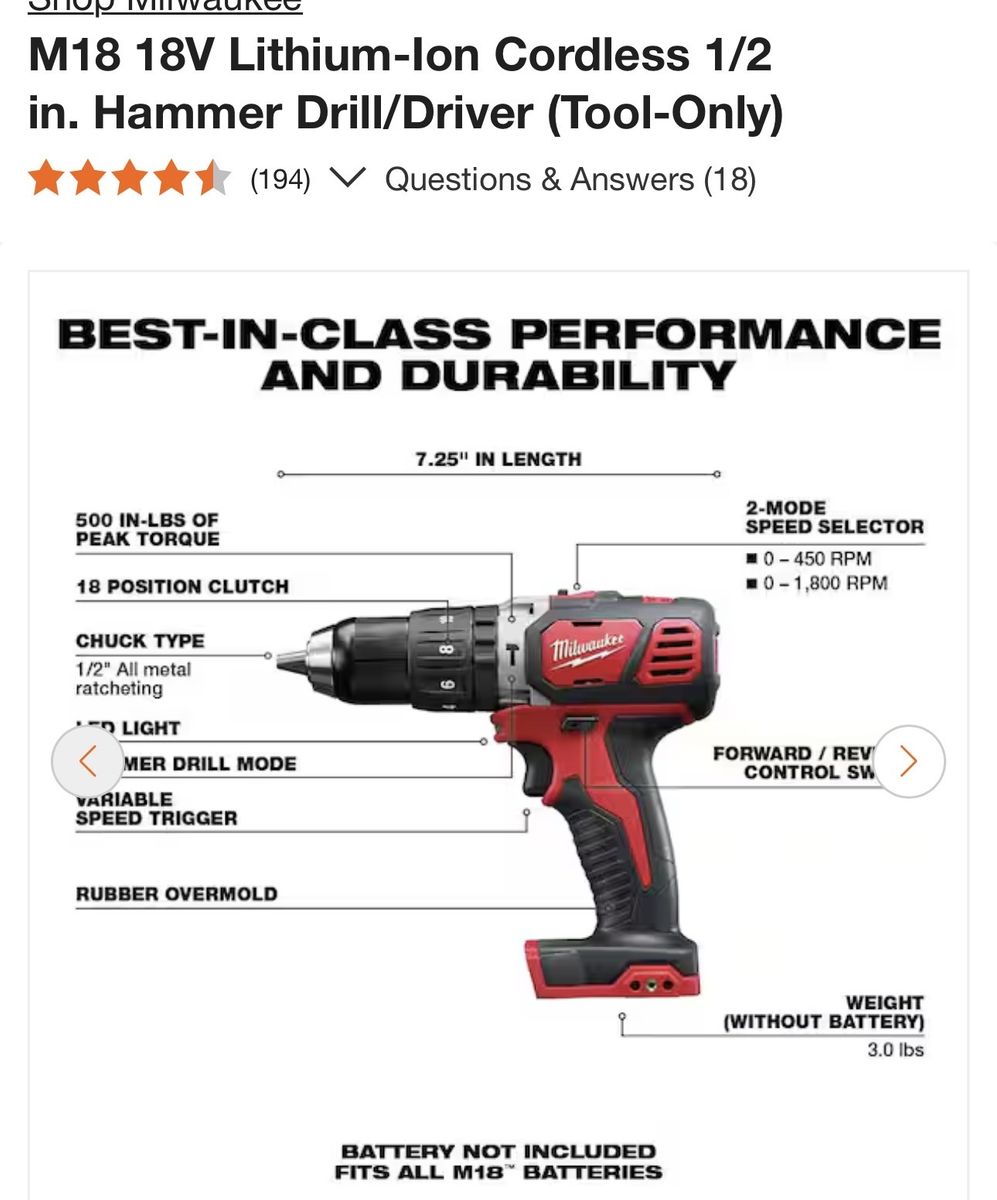 Milwaukee 2607-20 M18 Compact 18V 1/2" Hammer Drill Driver - Tool Only