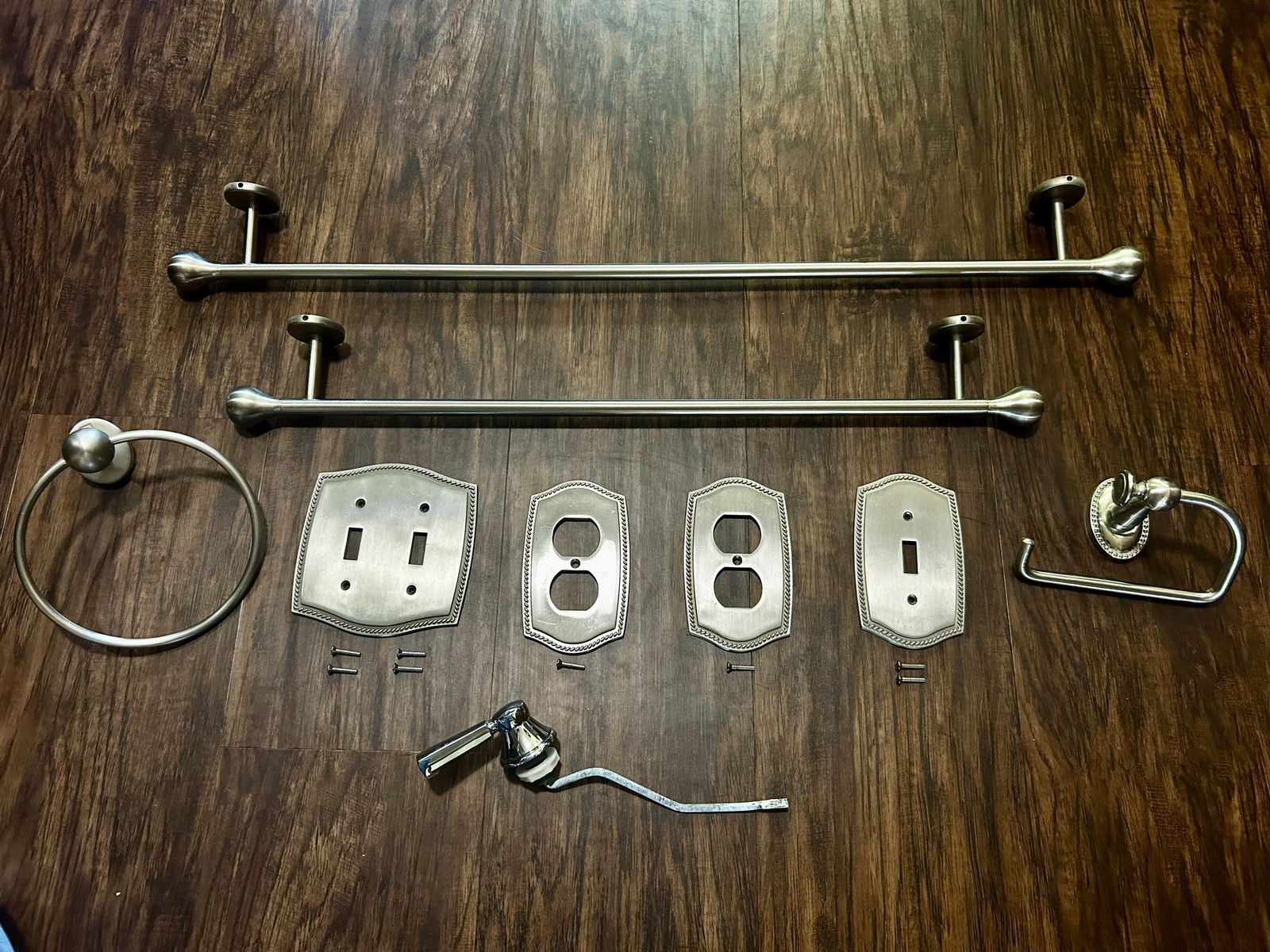 Brushed Nickel Bathroom Hardware Set - Towel Bars, Rings, TP Holder, Tank Lever & Wall Plates