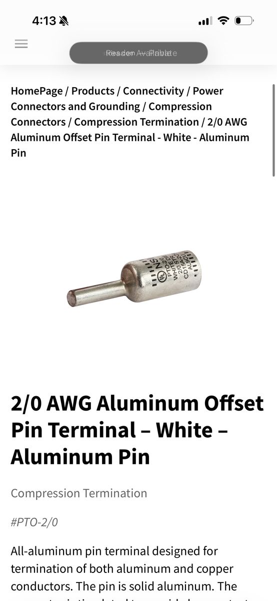2/0 AWG Aluminum Offset Pin Terminal – White