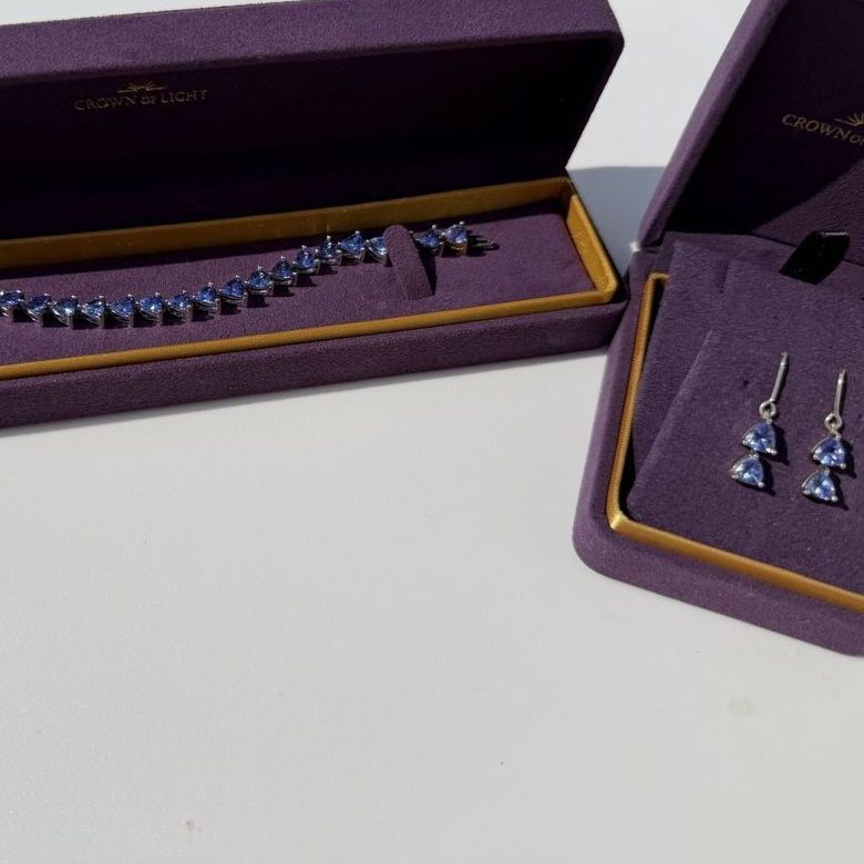 CROWN OF LIGHT Tanzanite Earring Bracelet set 15.37 CTW in Silver with 14K Gold Clasp