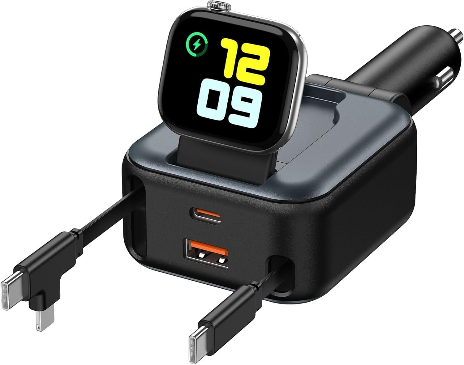 NEW 6 in 1 Retractable Car Charger, 100W USB C + USB A Fast Charging for iPhone 17/16/15/14/13/12/11, iWatch, etc.