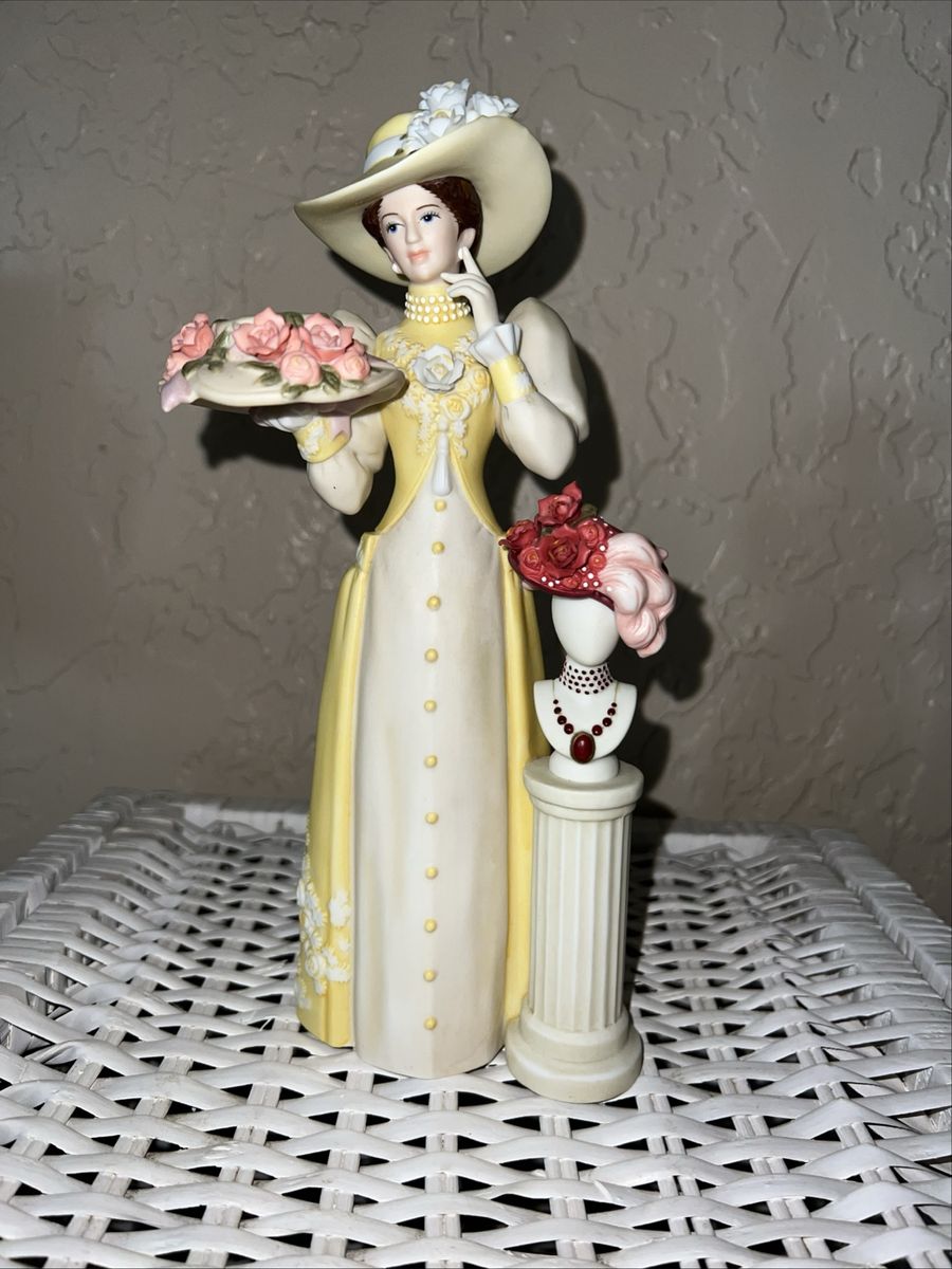 Vintage Porcelain Victorian Lady Figurine with Floral Hat & Pedestal Display