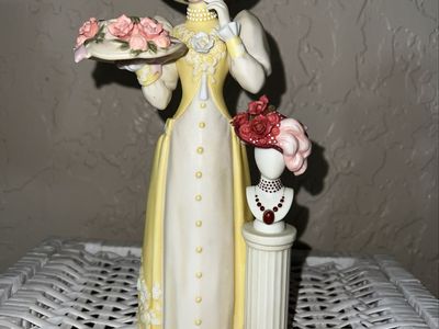 Vintage Porcelain Victorian Lady Figurine with Floral Hat & Pedestal Display