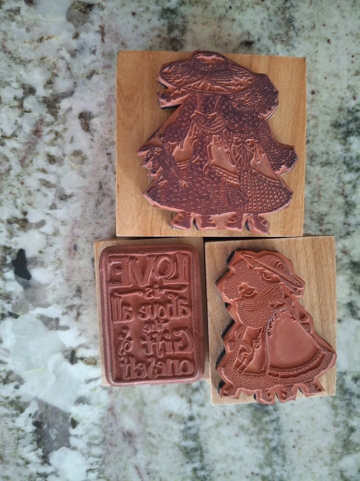 Vintage Delafield Stamp Company wood mount stamps---Prairie Girls, and Sentiment