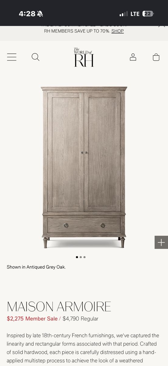 Restoration Hardware Maison Armoire - Antiqued Grey Oak - Elegant French-Inspired Storage Cabinet