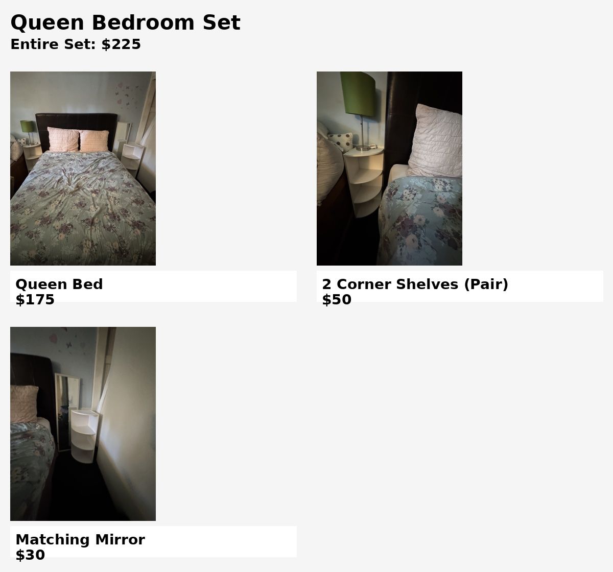 Queen Bedroom Set: Bed, 2 Corner Shelves, & Matching Mirror - Great Condition