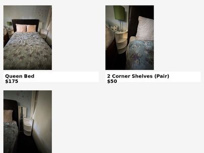Queen Bedroom Set: Bed, 2 Corner Shelves, & Matching Mirror - Great Condition