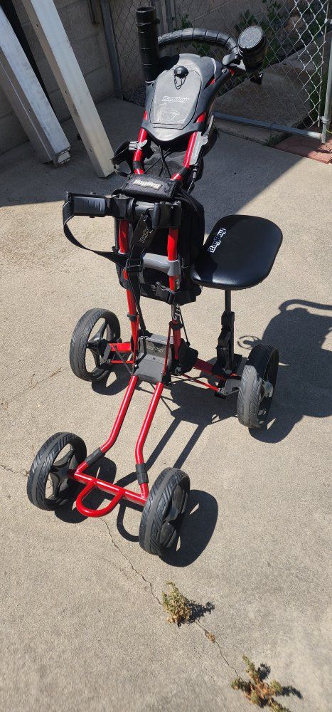 Bag Boy Quad XL Golf Push Cart with Seat - Red/Black, 4-Wheel Design, Used