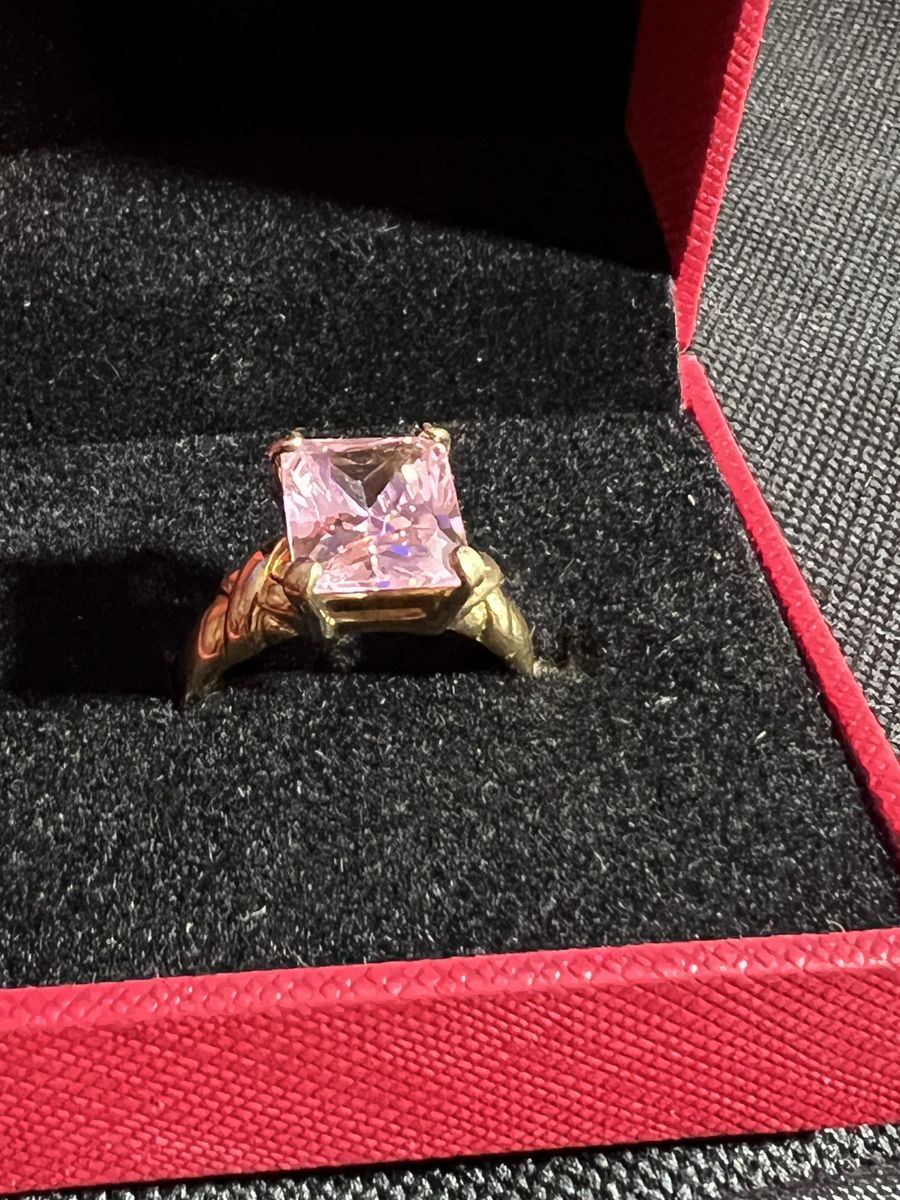 Gold Tone Ring with Large Pink CZ Stone - Size 8.5, Rectangle Cut Sterling Silver .925
