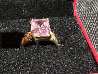 Gold Tone Ring with Large Pink CZ Stone - Size 8.5, Rectangle Cut Sterling Silver .925