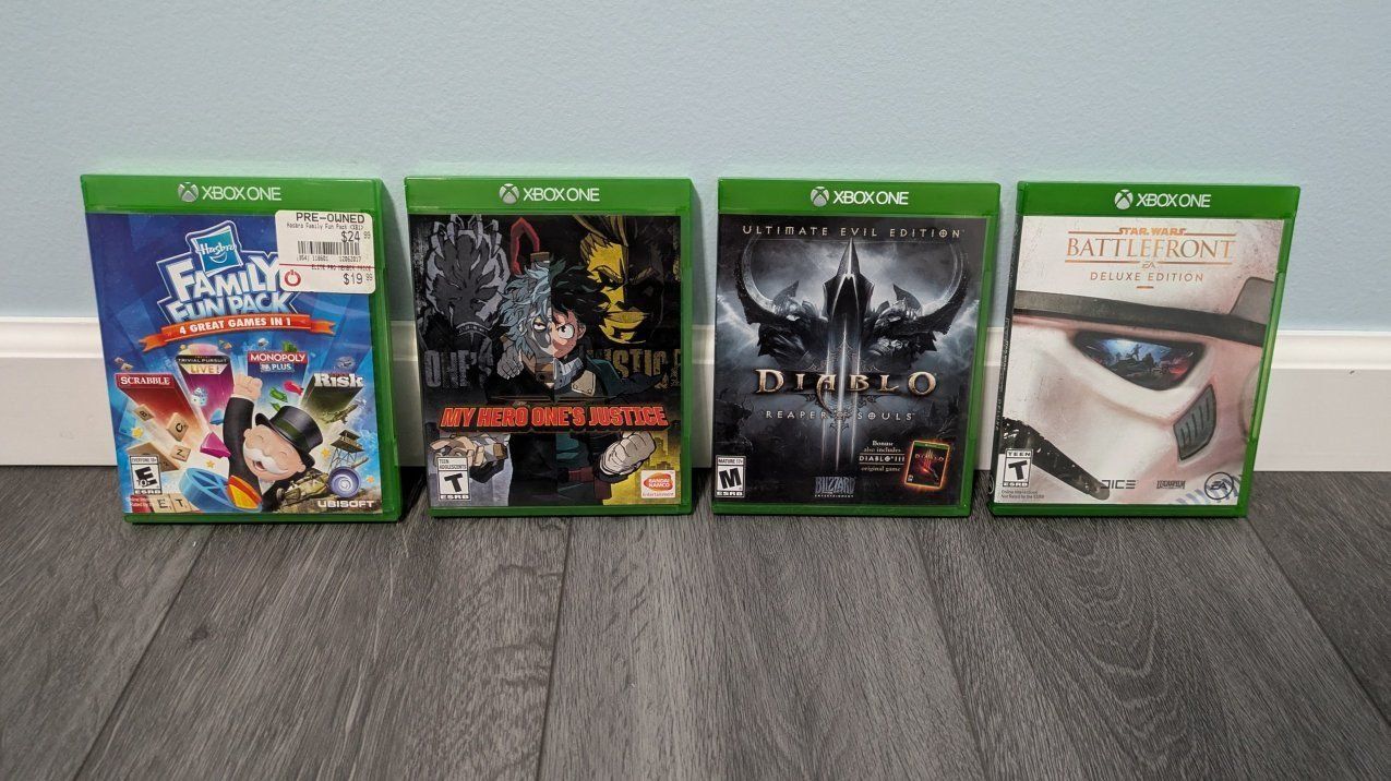 Lot of 4 Xbox One Games: Hasbro Family Fun Pack, My Hero One's Justice, Diablo III, Star Wars Battlefront