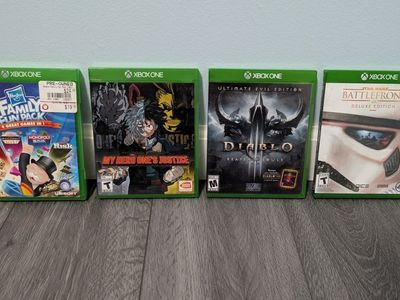 Lot of 4 Xbox One Games: Hasbro Family Fun Pack, My Hero One's Justice, Diablo III, Star Wars Battlefront