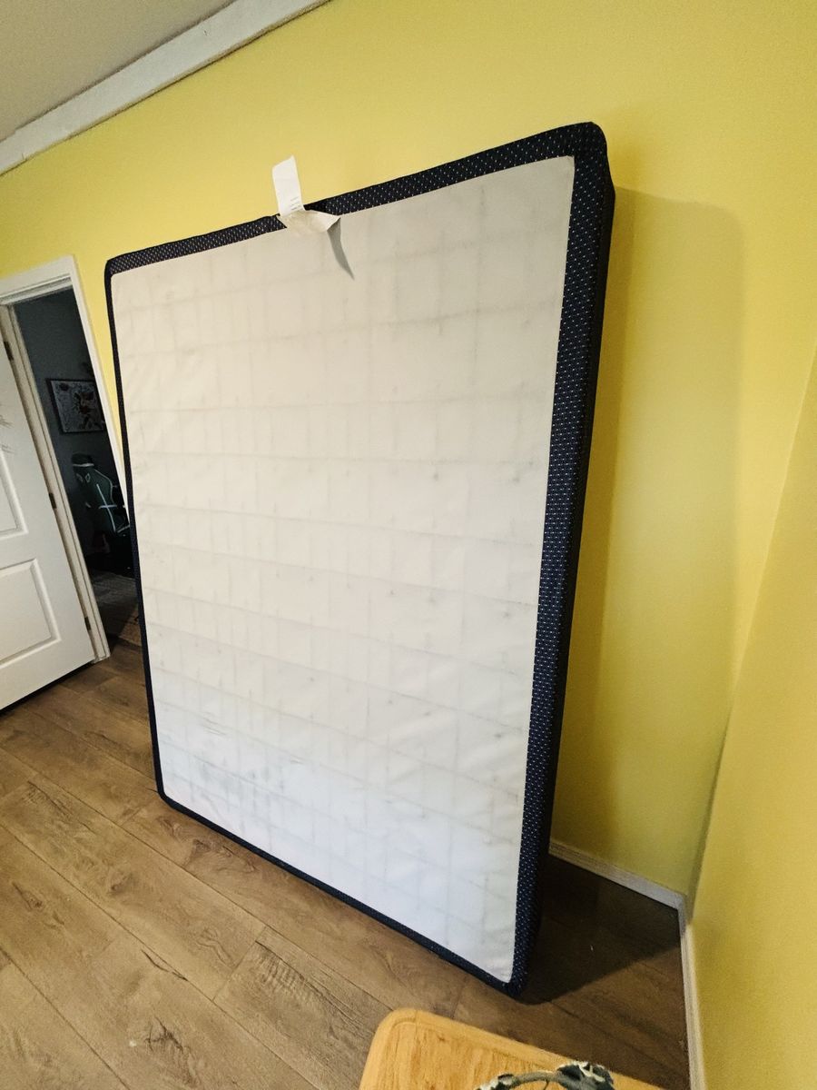 Standard Box Spring Mattress Foundation with Dark Blue Fabric Trim