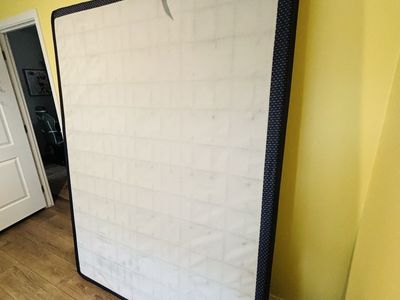 Standard Box Spring Mattress Foundation with Dark Blue Fabric Trim