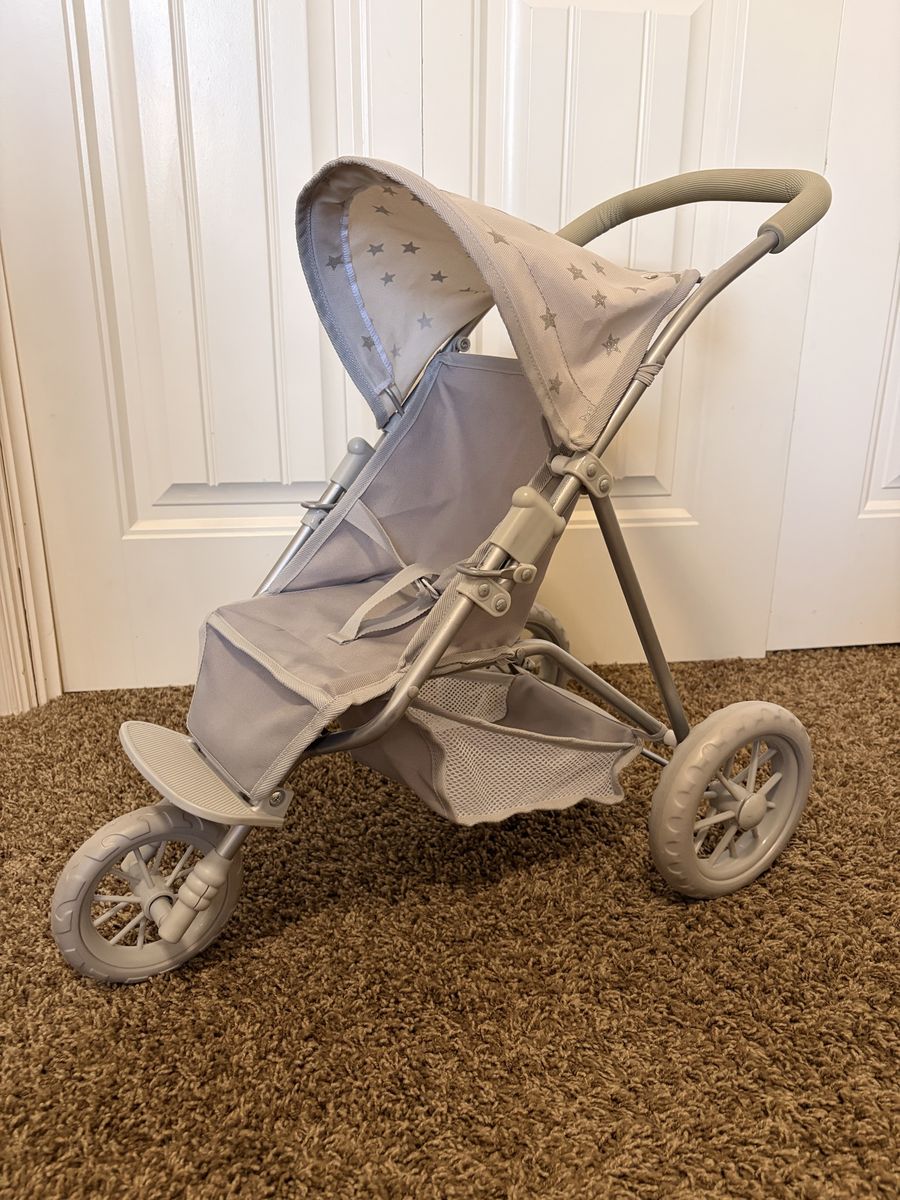 Pottery Barn Kids Doll Stroller, Gray, 3-Wheel Jogger Style, Star Pattern Canopy, Pretend Play Toy