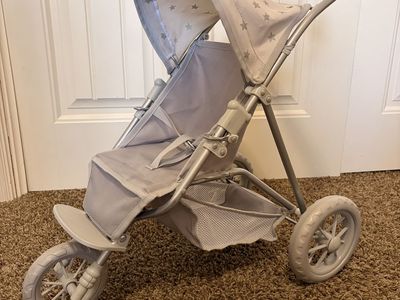 Pottery Barn Kids Doll Stroller, Gray, 3-Wheel Jogger Style, Star Pattern Canopy, Pretend Play Toy