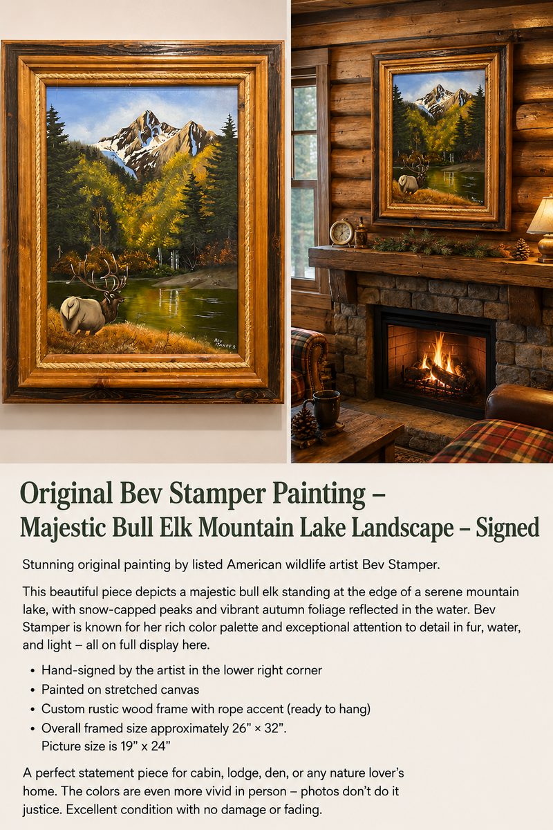 Original Bev Stamper Painting – Majestic Bull Elk Mountain Lake Landscape – Signed & Framed