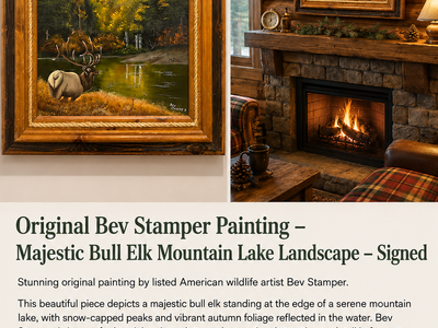Original Bev Stamper Painting – Majestic Bull Elk Mountain Lake Landscape – Signed & Framed