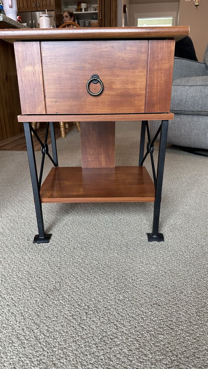 Wooden End Table / Nightstand with Drawer & Shelf - Black Metal Frame - 24" H