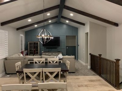 Floating shelves, Faux beams, Built-ins