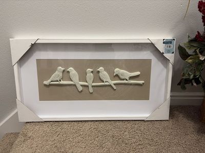 Framed 3D Hobby Lobby wood Bird Art | 5 Birds on a Branch Relief Sculpture | White Frame, Brown Mat, 15 inches by 28 inches.