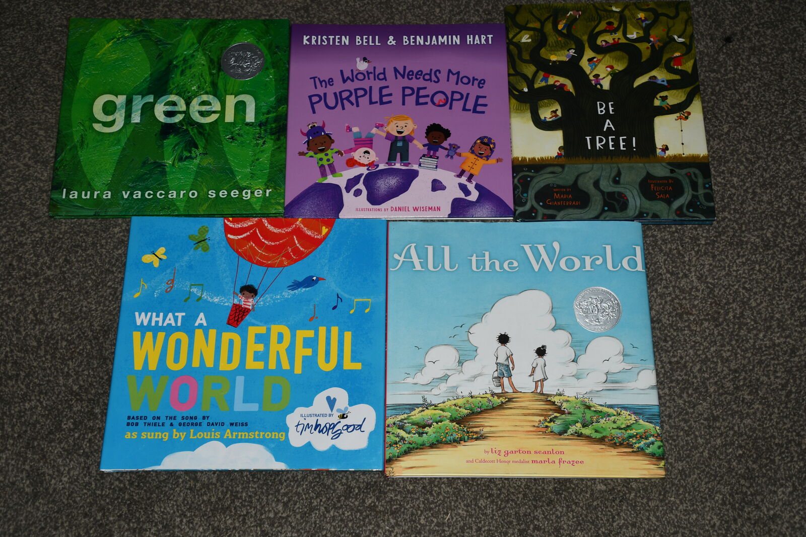 5 CHILDREN'S HARDCOVER BOOKS ~ PURPLE PEOPLE, WONDERFUL WORLD, BE A TREE, GREEN, ALL THE WORLD